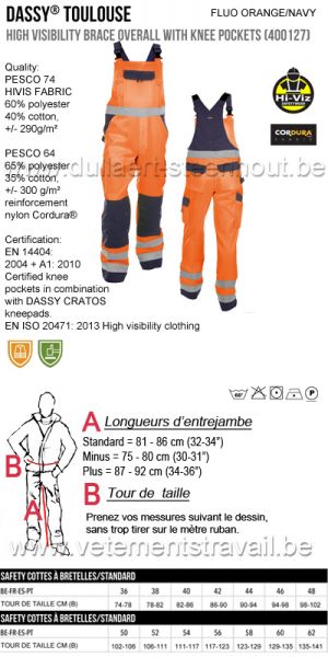 DASSY® Toulouse (400127) Cotte à bretelles haute visibilité - orange fluo/marine
