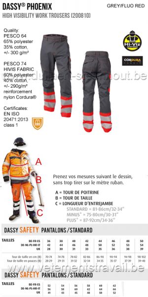 DASSY® Phoenix (200810) Pantalon de travail haute visibilité - rouge fluo/gris