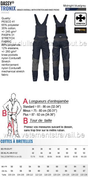 DASSY® Tronix (400163) Cotte à bretelles avec stretch et poches genoux - bleu nuit/gris