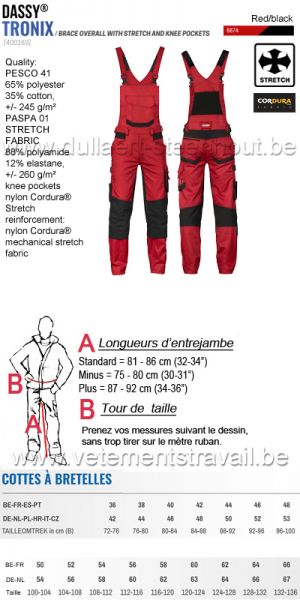 DASSY® Tronix (400163) Cotte à bretelles avec stretch et poches genoux - rouge/noir