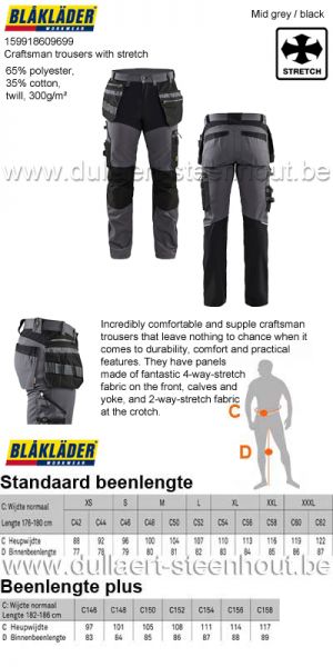 Blaklader 159918609699 Pantalon artisan +stretch - gris/noir