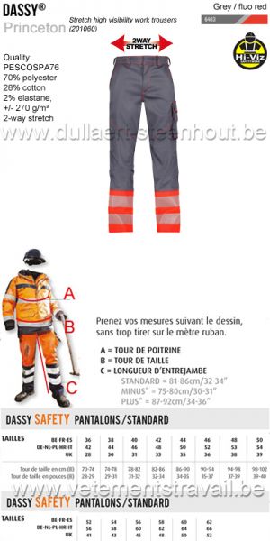 DASSY® Princeton (201060) Pantalon stretch à haute visibilité - gris / rouge fluo