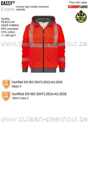 DASSY® Evans (300380) Sweat-shirt à capuche haute visibilité - rouge fluo / gris