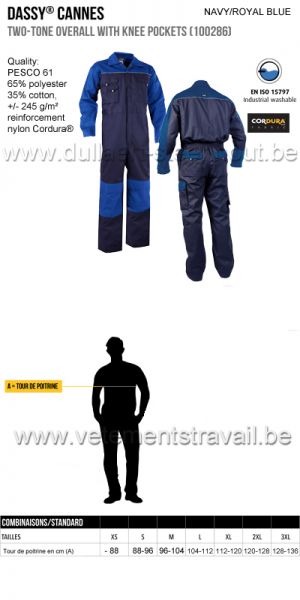 DASSY® Cannes (100286) Combinaison bicolore avec poches genoux - marine/bleu roi