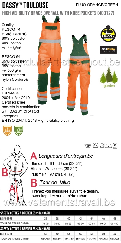 DASSY® Toulouse (400127) Cotte à bretelles haute visibilité - orange fluo/vert