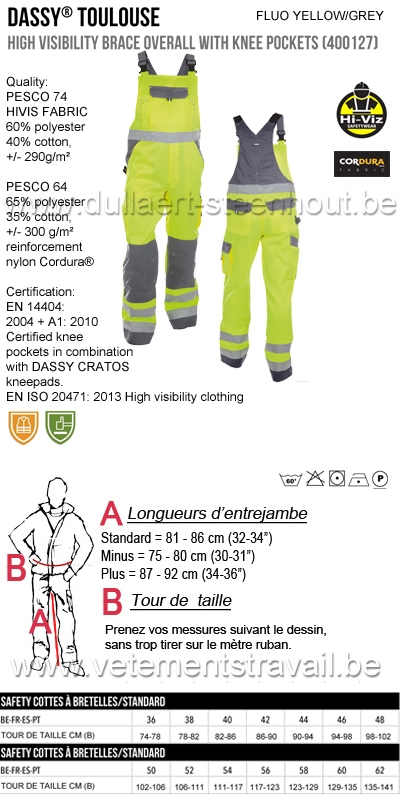 DASSY® Toulouse (400127) Cotte à bretelles haute visibilité - jaune fluo/gris