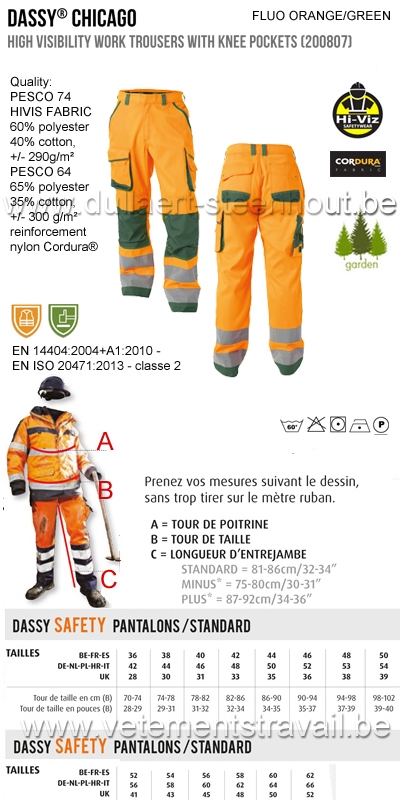 DASSY® Chicago (200807) Pantalon de travail haute visibilité - orange fluo/vert