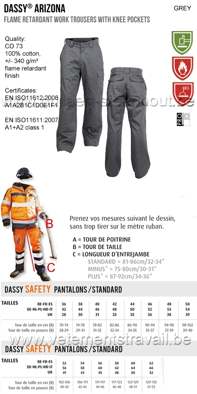 DASSY® Arizona (200778) Pantalon de travail poches genoux ignifugé - gris