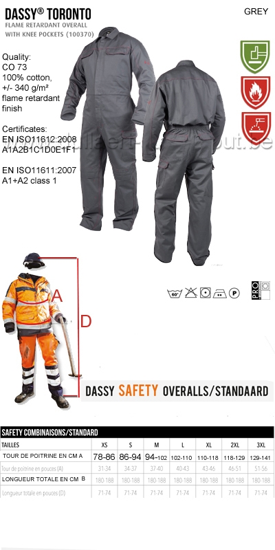 DASSY® Toronto (100370) Combinaison de travail poches genoux ignifugée - gris