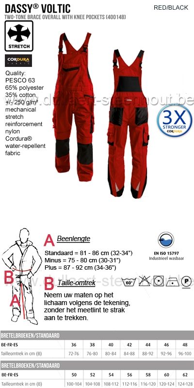 DASSY® Voltic (400148) Cotte à bretelles bicolore / salopette de travail - rouge/noir