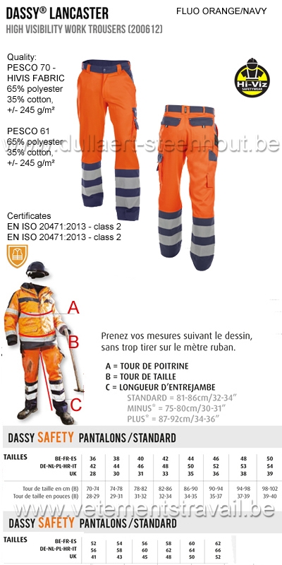DASSY® Lancaster (200612) Pantalon de travail haute visibilité 245 - orange fluo/marine