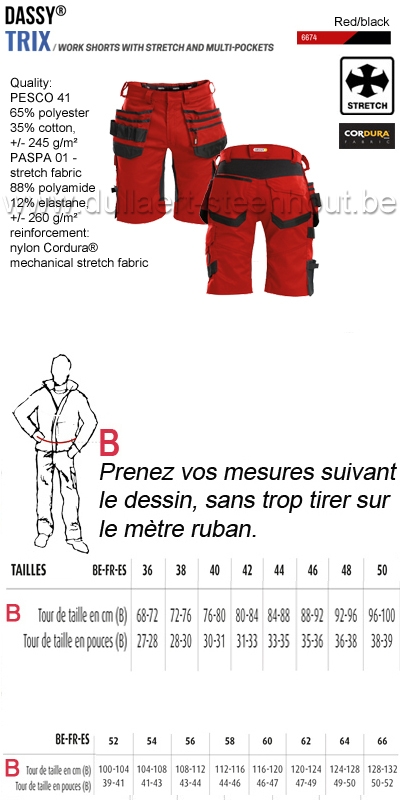 DASSY® Trix (250083) Bermuda de travail multi-poches avec stretch - rouge/noir