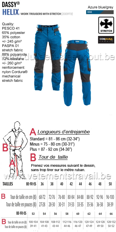 DASSY® Helix (200973) Pantalon de travail avec stretch - bleu azur/gris