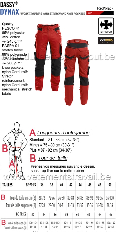 DASSY® Dynax (200980) Pantalon de travail avec stretch et poches genoux - rouge/noir