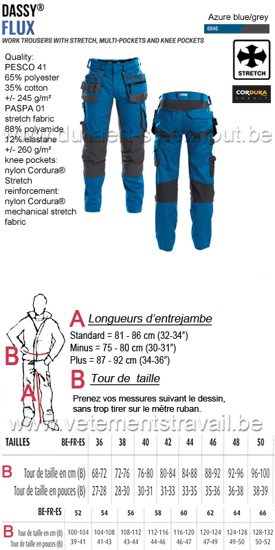 DASSY® Flux (200975) Pantalon de travail multi-poches avec stretch - bleu azur/gris