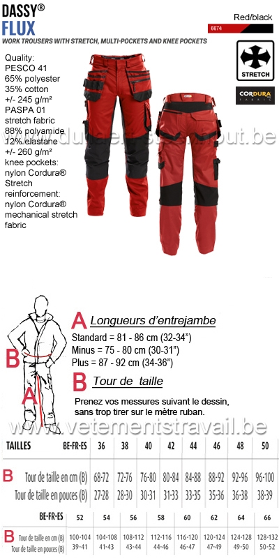 DASSY® Flux (200975) Pantalon de travail multi-poches avec stretch - rouge/gris