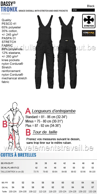 DASSY® Tronix (400163) Cotte à bretelles avec stretch et poches genoux - noir