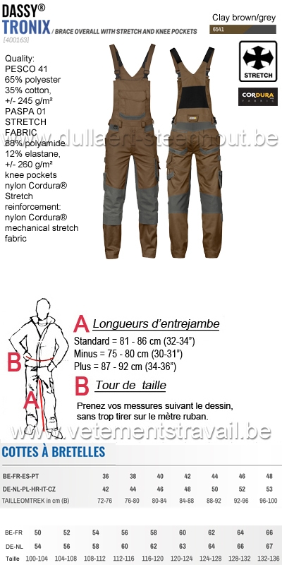 DASSY® Tronix (400163) Cotte à bretelles avec stretch et poches genoux - brun/gris