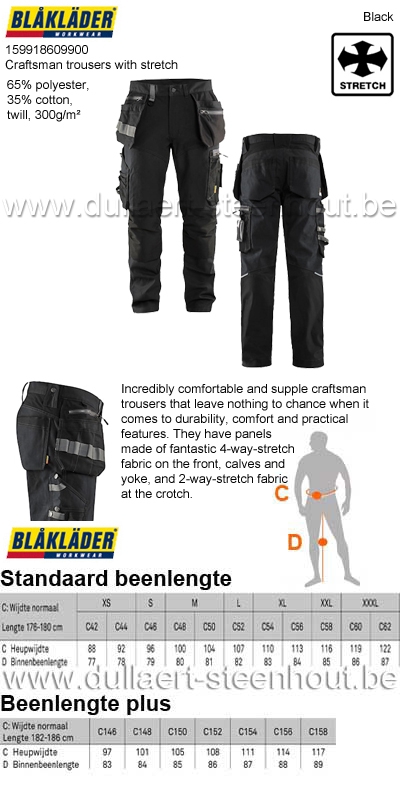 Blaklader 159918609900 Pantalon artisan +stretch - noir