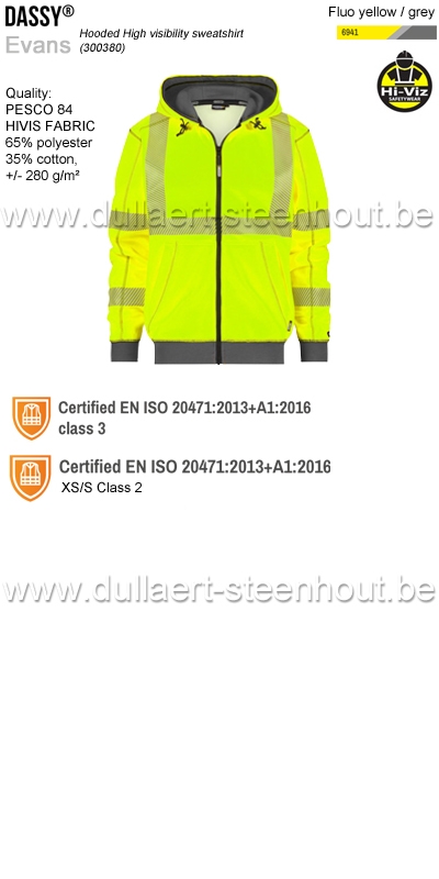 DASSY® Evans (300380) Sweat-shirt à capuche haute visibilité - jaune fluo / gris