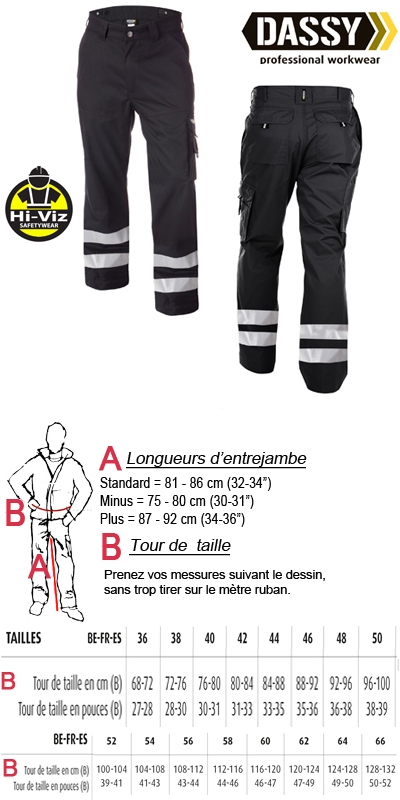 Dassy - Pantalon de travail noir Vegas avec bandes réfléchissantes