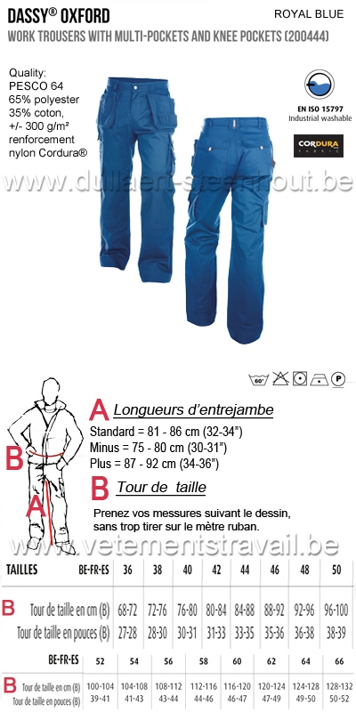 DASSY® Oxford (200444) Pantalon de travail multi-poches avec poches genoux - bleu roi