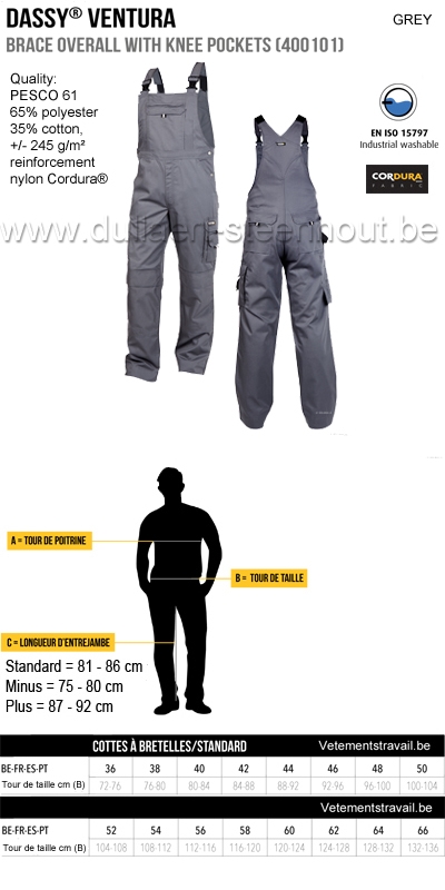 DASSY® Ventura (400101)  Cotte à bretelles / salopette de travail avec poches genoux - gris