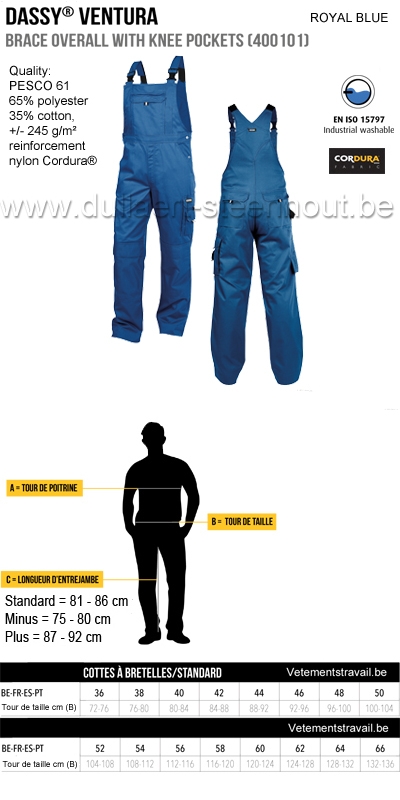DASSY® Ventura (400101) Cotte à bretelles / salopette de travail avec poches genoux - bleu roi