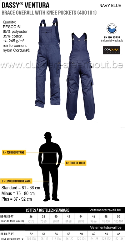 DASSY® Ventura (400101) Cotte à bretelles / salopette de travail avec poches genoux - marine