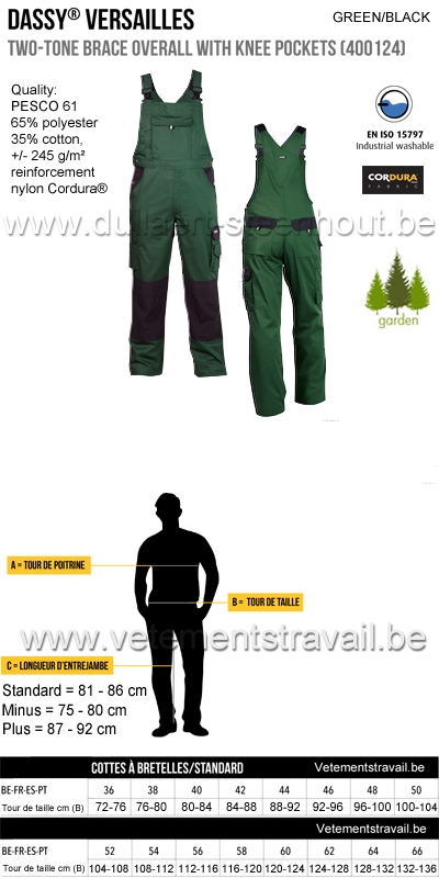 DASSY® Versailles (400124) Cotte à bretelles / salopette de travail bicolore - vert/noir