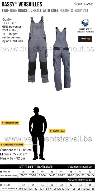 DASSY® Versailles (400124) Cotte à bretelles / salopette de travail bicolore - gris/noir