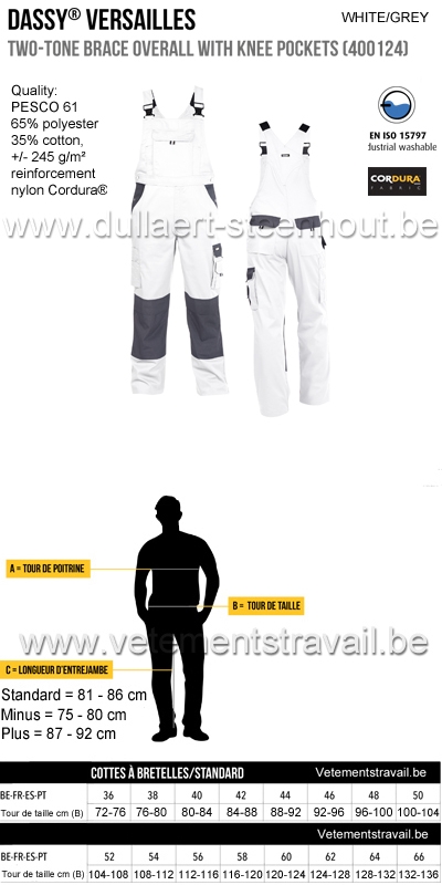 DASSY® Versailles (400124) Cotte à bretelles / salopette de travail bicolore - blanc/gris